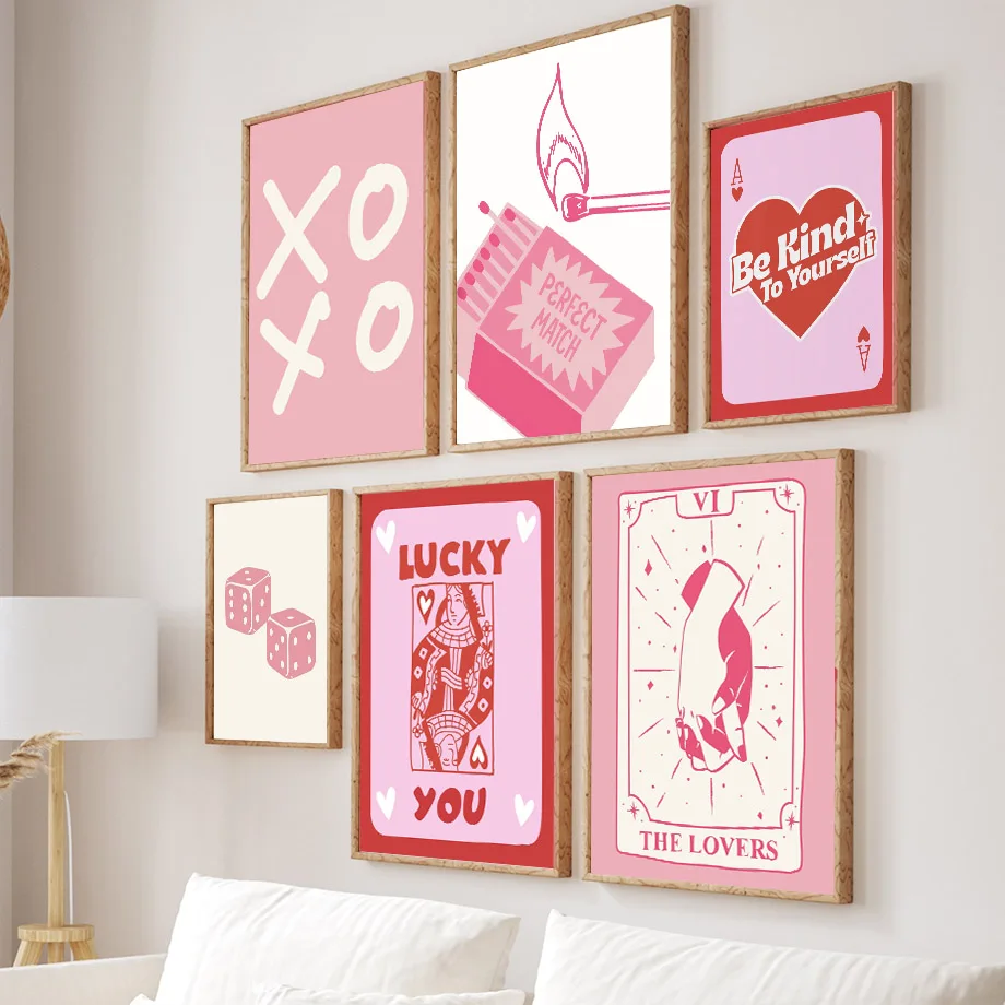 Home Decor Y2K - ピンクのラッキーポーカークイーンハートダイスマッチポップY2Kアートリビングルームホームデコレーションパステルポスターとプリントボホウォールアートキャンバス絵画