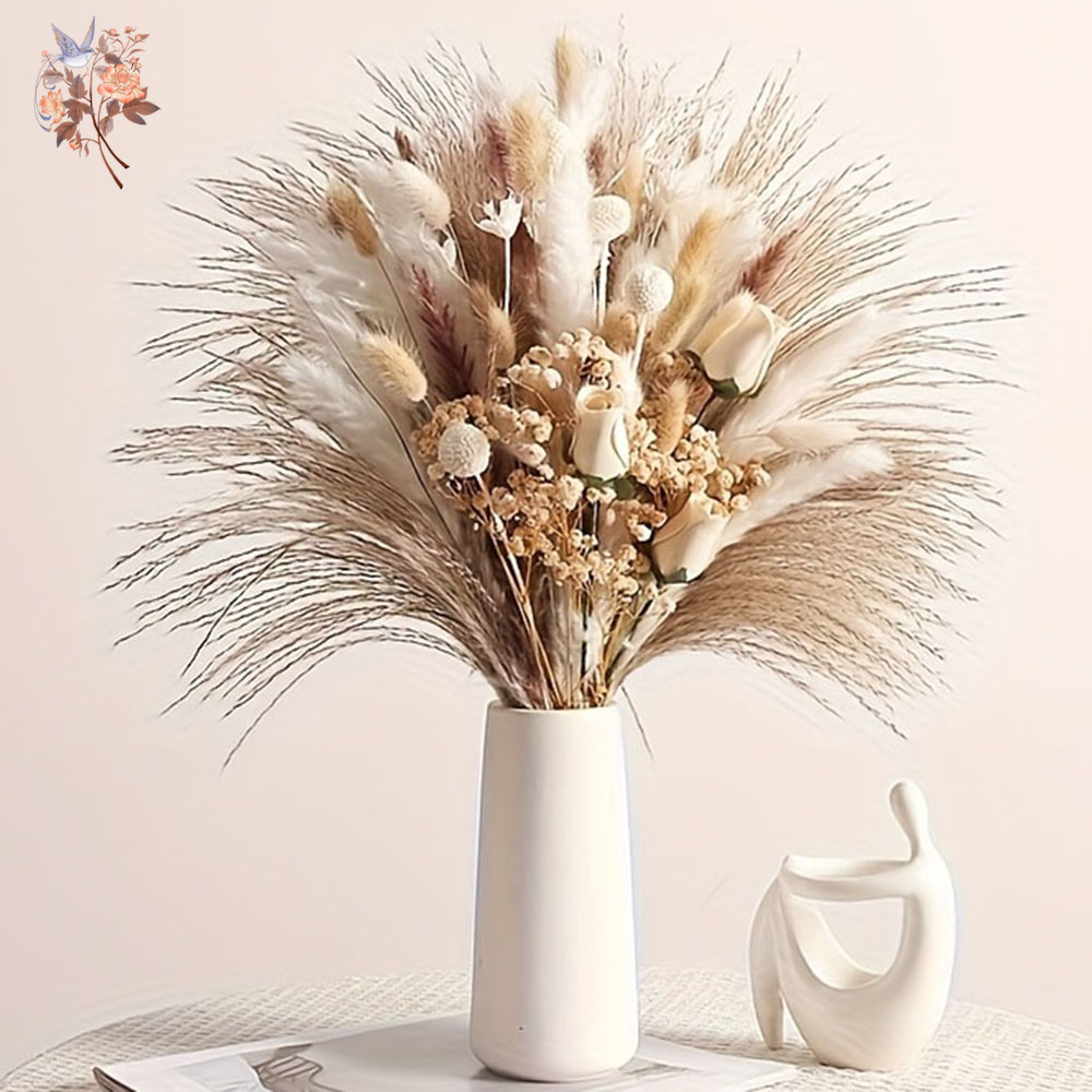 Pampas Grass Decor - 80個入り人工ドライフラワーブーケ、インテリアホームテーブルデコレーション用、リアルタッチのフェイクローズ、ベイビーブレス、パンパスグラス、花瓶フィラー