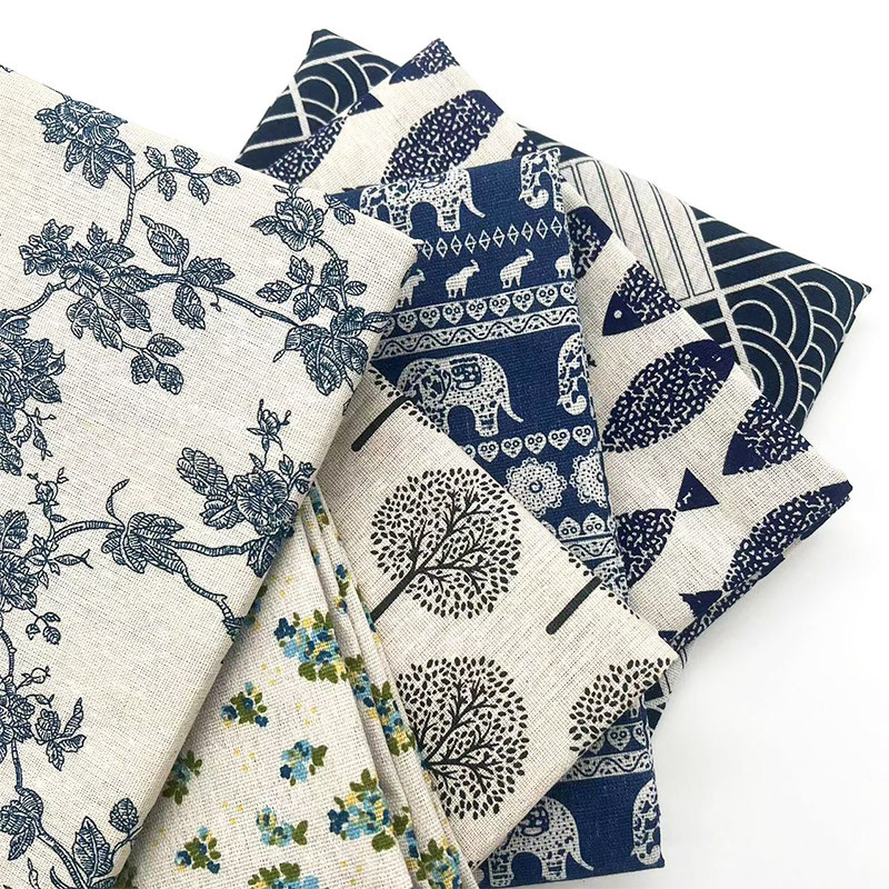 Linen Table Runner - ヴィンテージブルーの花柄コットンリネン生地、テーブルクロス、ソファカバー、カーテン、家の装飾用DIY縫製材料