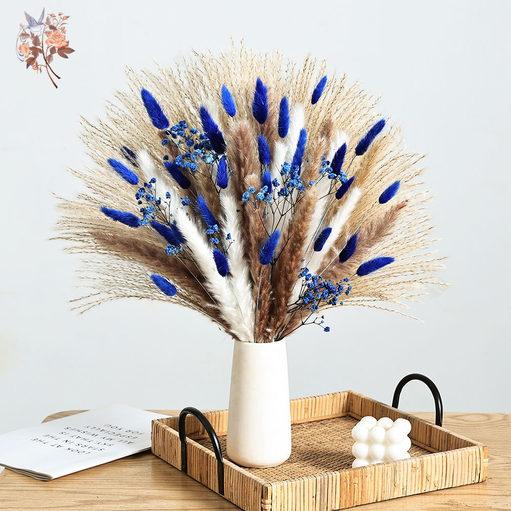 Pampas Grass Decor - 70 茎ブルーふわふわウサギの尻尾ススキの束ドライフラワーブーケナチュラルカスミソウインテリアホームリビングルームの装飾