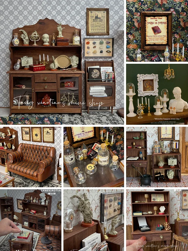 Home Decor Za - ドールハウスレトロ装飾マジックハウス小道具ポスター装飾絵画ミニ彫刻燭台ミニチュアモデル装飾