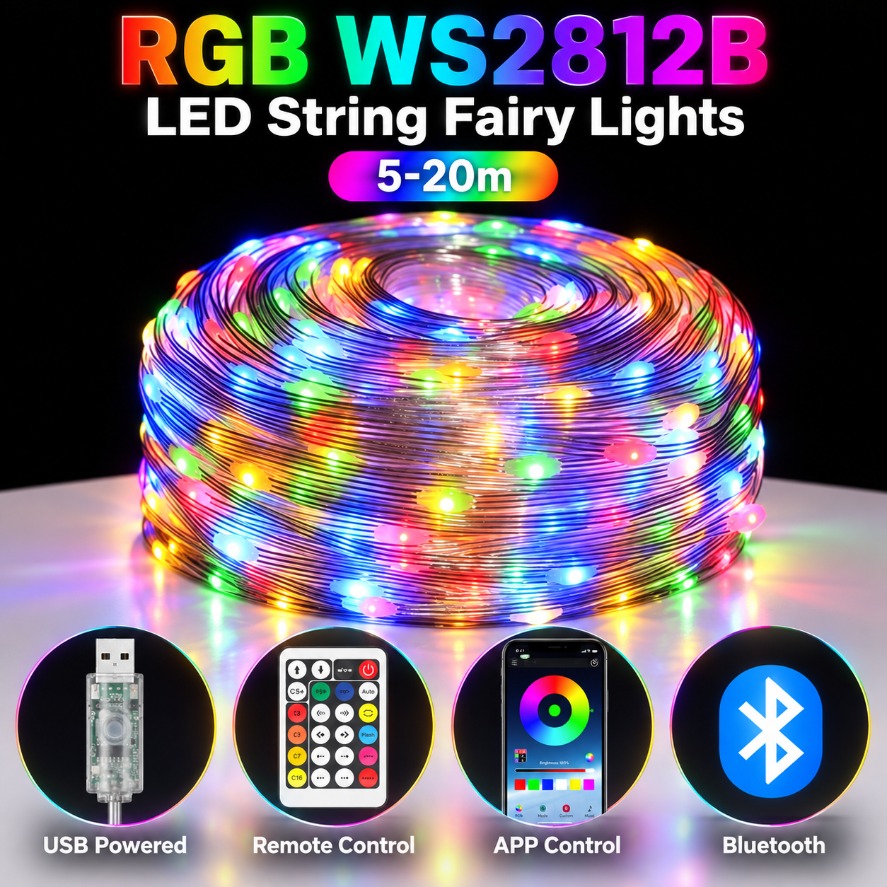 Home Decor Free App - 5～20mのWS2812B RGB LEDフェアリーライト。Bluetoothアプリで遠隔操作が可能。パーティーや家庭の装飾に最適なアドレス指定可能なLEDライト。