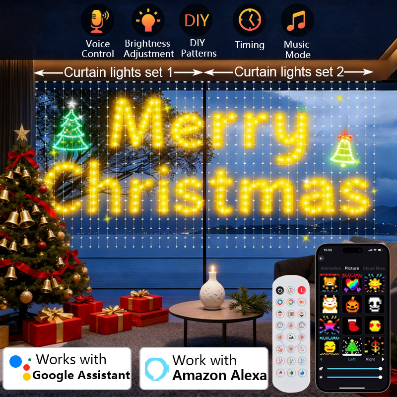 Home Decor Free App - 1/2個 400LEDスマートカーテンライト クリスマスライト ダイナミックDIYカラーチェンジパターンテキスト アプリリモコン付き ホームパーティーデコレーション用