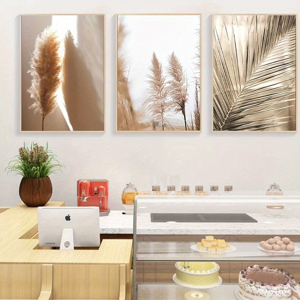 Pampas Grass Decor - 2Dフラット3枚セット フレームなし プレミアムポスター ベージュのパンパスグラス モダンウォールアート ヴィンテージ装飾