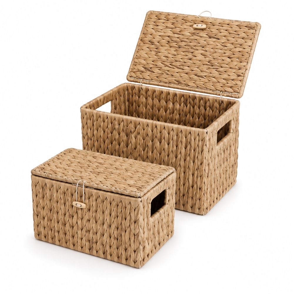 Rattan Plant Basket - ホテイアオイ製収納バスケット 長方形 ハンドル付き 蓋付き収納バスケット 鉄製フレーム 編み込みオーガナイザービン