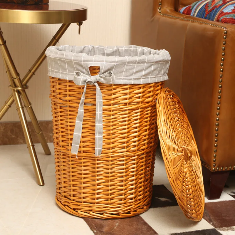 Rattan Plant Basket - ふた付きのスタイリッシュな籐ランドリーバスケット、織り装飾収納ビン、織り衣類ホルダー、家庭