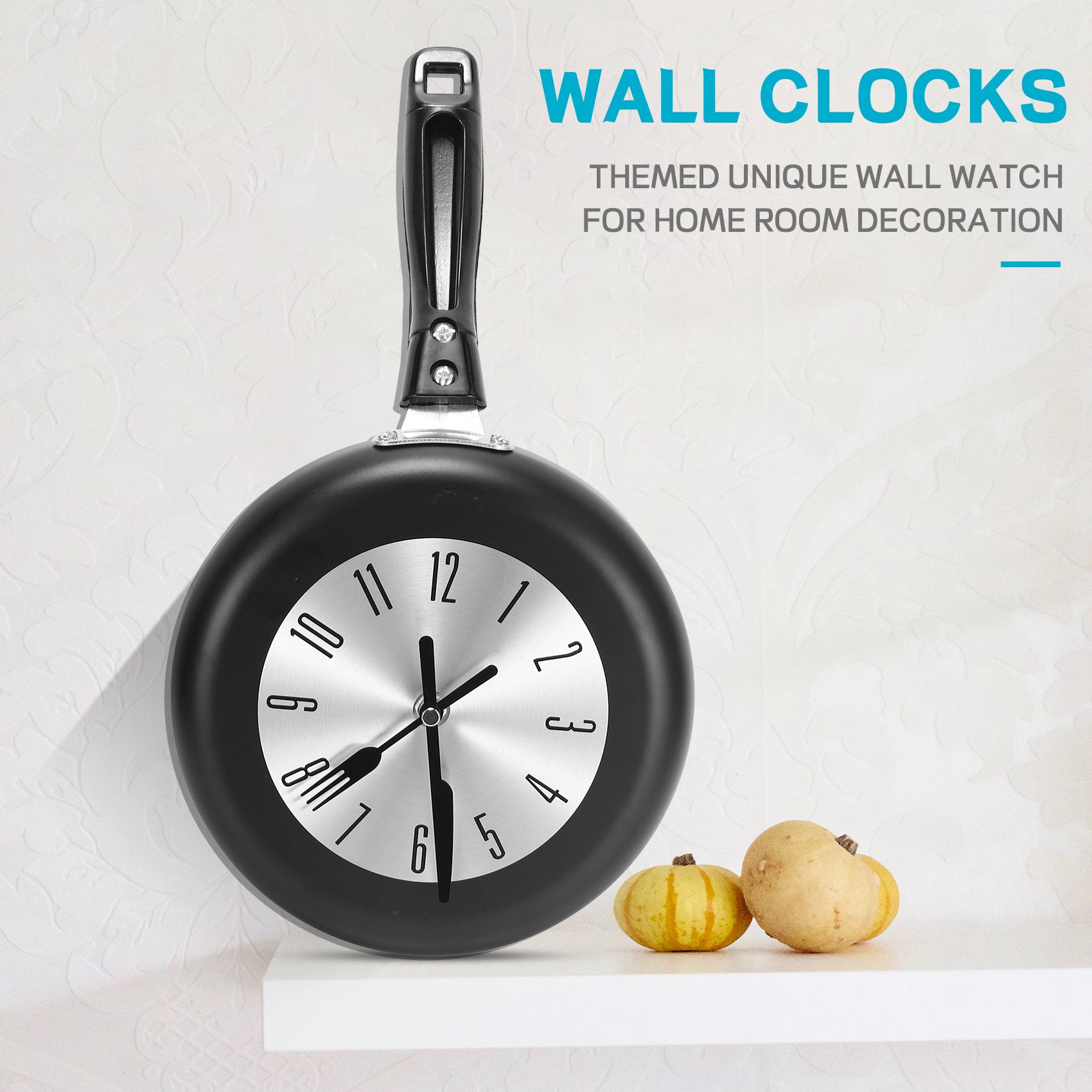 Home Decor Theme - (A95Z) 8インチ フライパンデザイン 壁掛け時計 キッチンメタル時計、テーマ別壁掛け時計、ホームルーム装飾用、ブラック