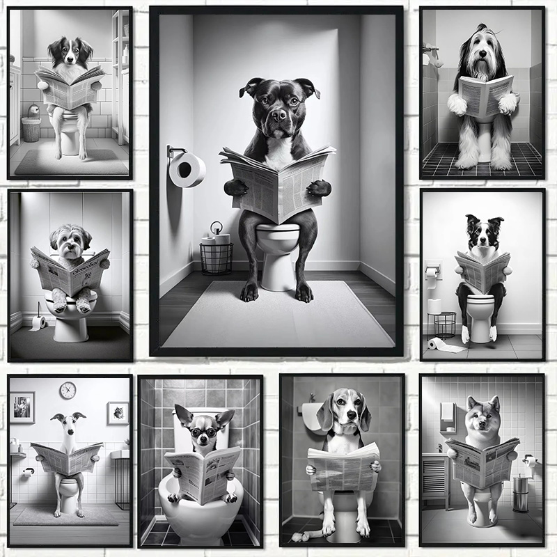 Home Decor Magazine - (1ピースフレームレス)トイレに座って新聞を読んでいる面白い動物犬ファッションポスターキャンバス絵画ウォールアート写真バスロ