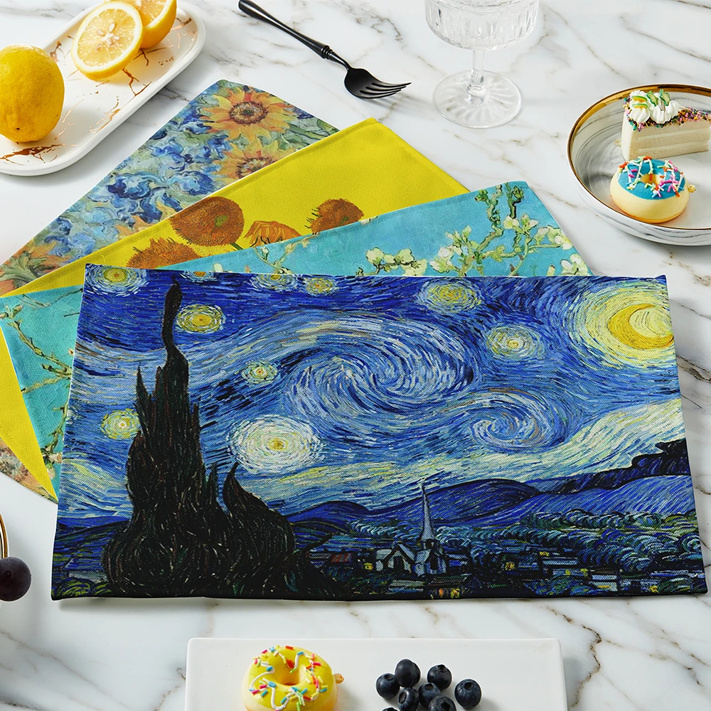 新しいゴッホ油絵テーブルマットヴィンテージアートテーブルクロ - Linen Table Runner のレビューと価格