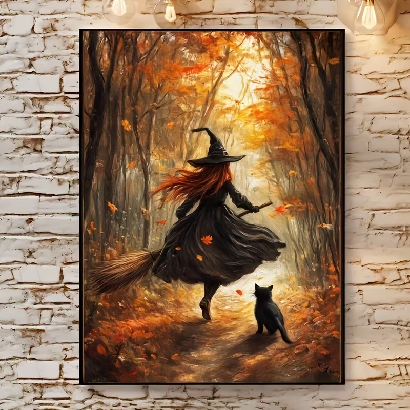 レトロなハロウィン秋の魔女がほうきに乗る壁アートプリントキャ - Home Decor Theme のレビューと価格
