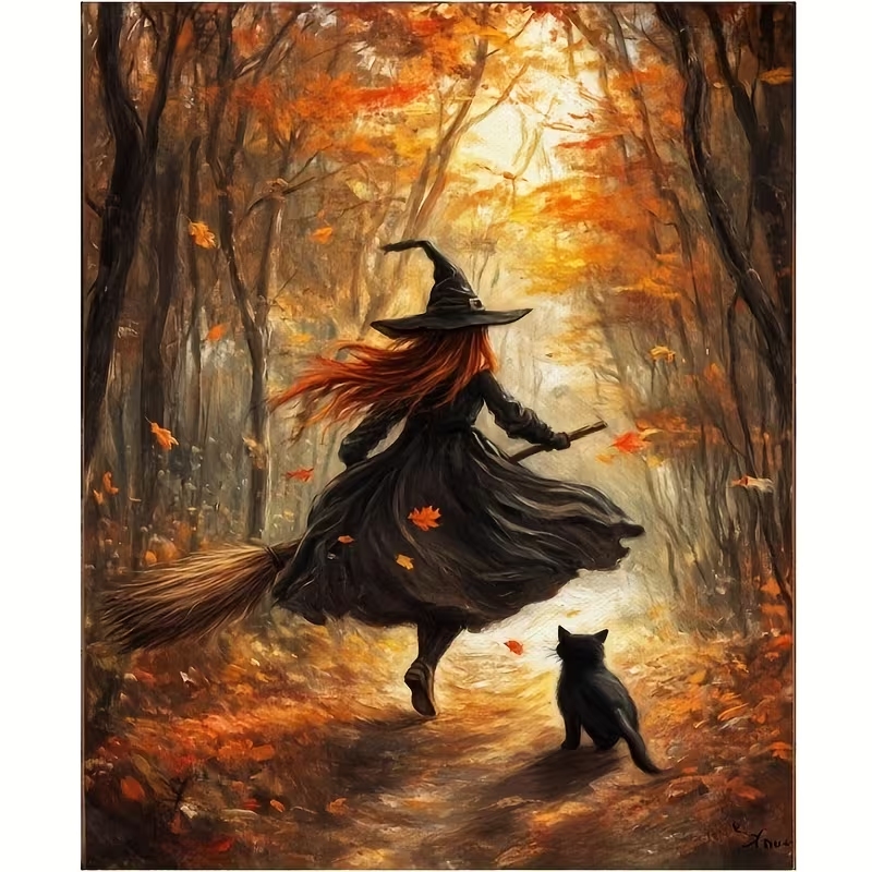レトロなハロウィン秋の魔女がほうきに乗る壁アートプリントキャ - Home Decor Theme のレビューと価格