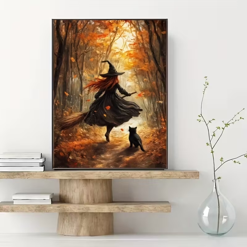 レトロなハロウィン秋の魔女がほうきに乗る壁アートプリントキャ - Home Decor Theme のレビューと価格