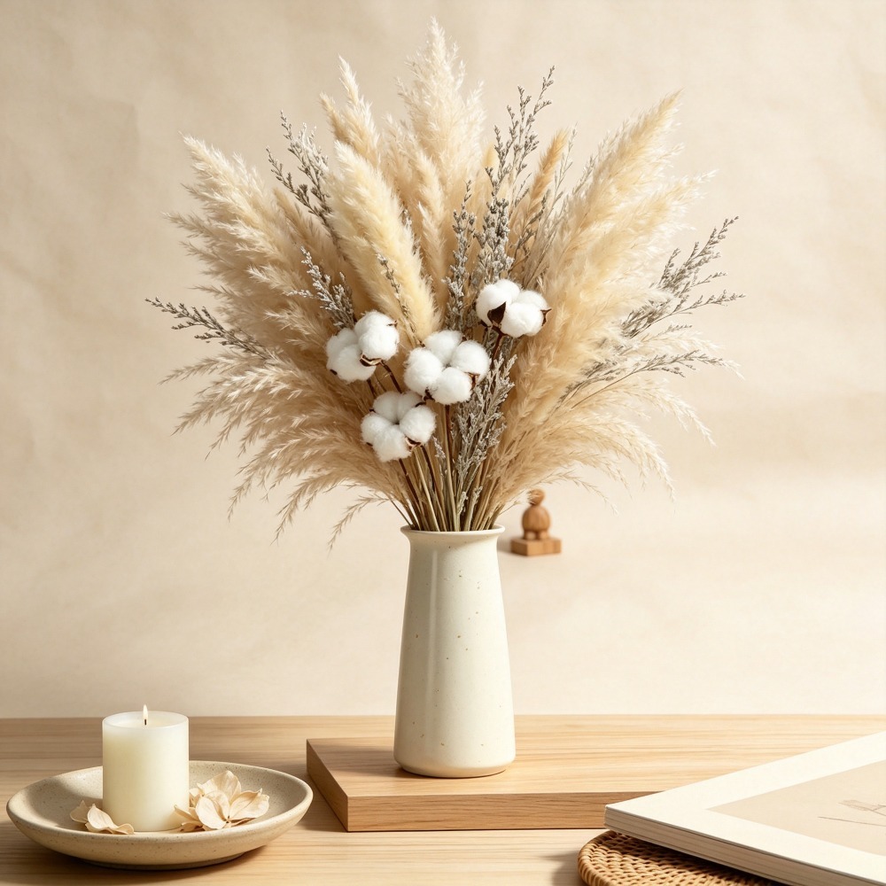 天然ドライパンパスグラスブーケ、ドライコットンフラワーとリモ - Pampas Grass Decor のレビューと価格