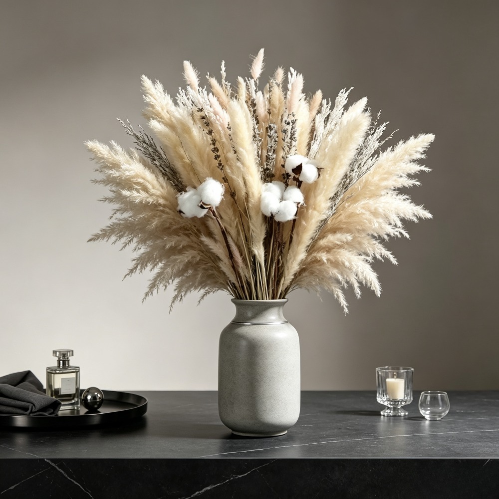 天然ドライパンパスグラスブーケ、ドライコットンフラワーとリモ - Pampas Grass Decor のレビューと価格
