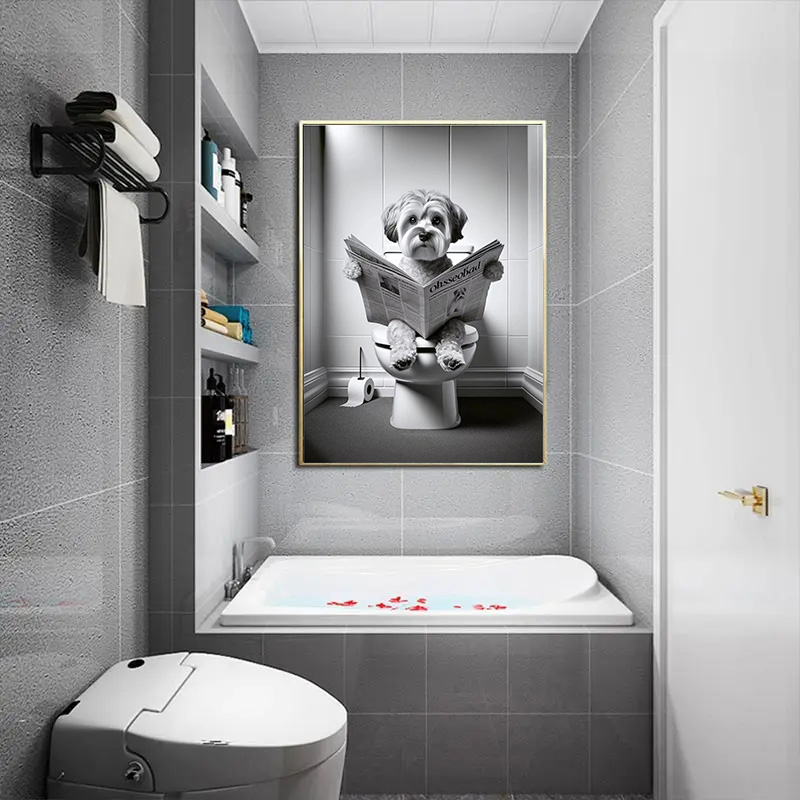 (1ピースフレームレス)トイレに座って新聞を読んでいる面白い - Home Decor Magazine のレビューと価格